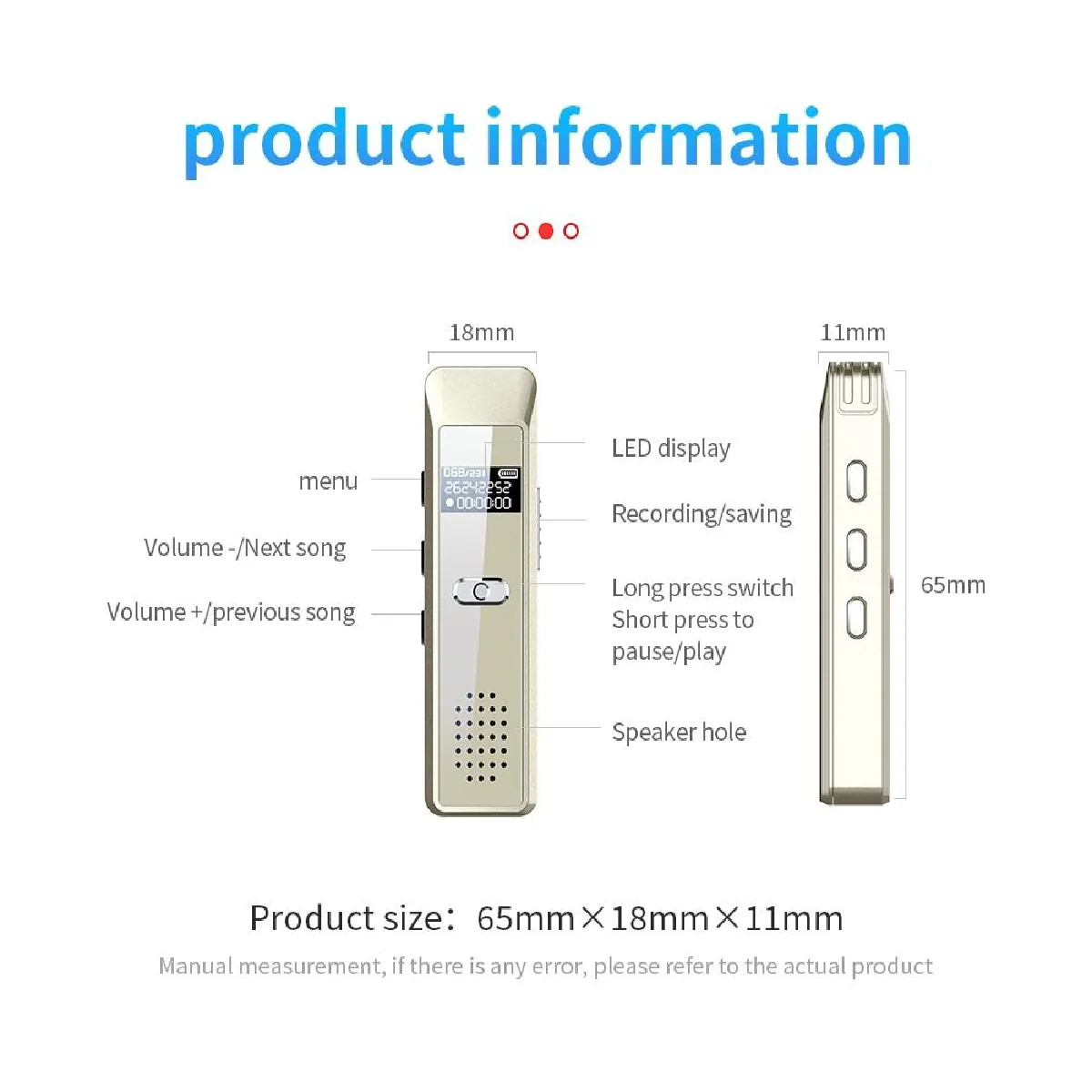 Yonis Argent Dictaphone Portable Avec Écran Oled Mémoire 16Gb Enregistrement Continu 30H