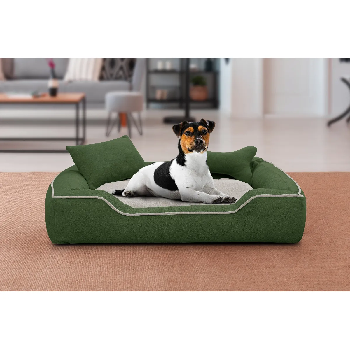 Meilleurs prix pour Panier pour chien et chat 100 x 80 cm tissu vert et beige clair - BONNIE