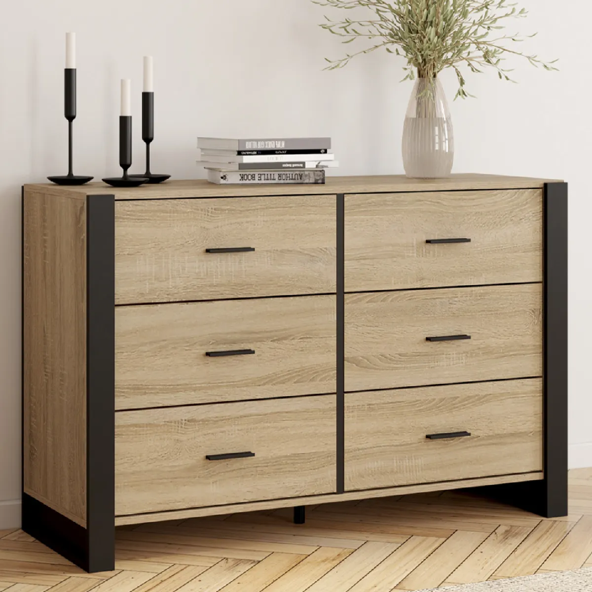 Idmarket Onyx/Noir Market Commode 6 Tiroirs - Bois Et