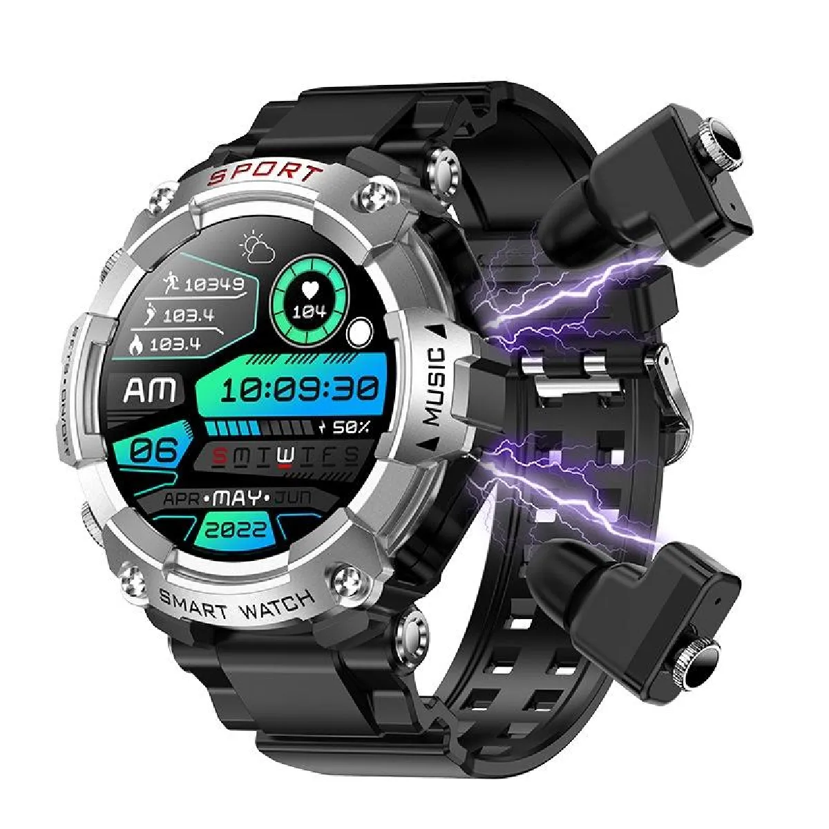 Yonis Argent Montre Connectée Écouteurs Bluetooth Intégrés
