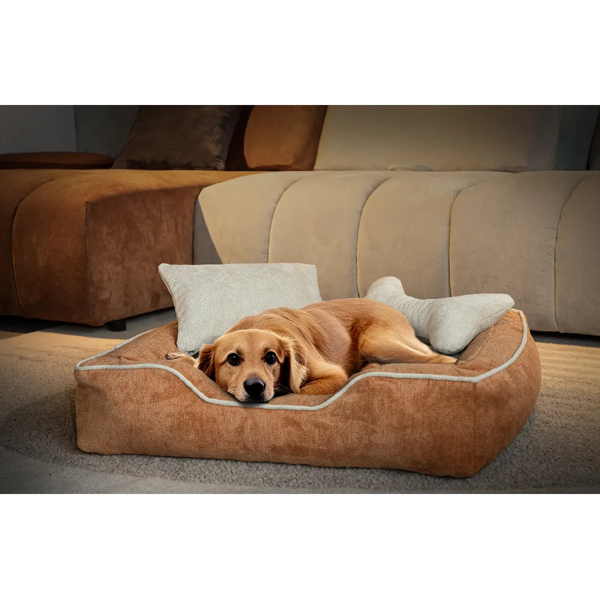 Panier pour chien et chat 80 x 70 cm tissu orange et beige clair - BONNIE