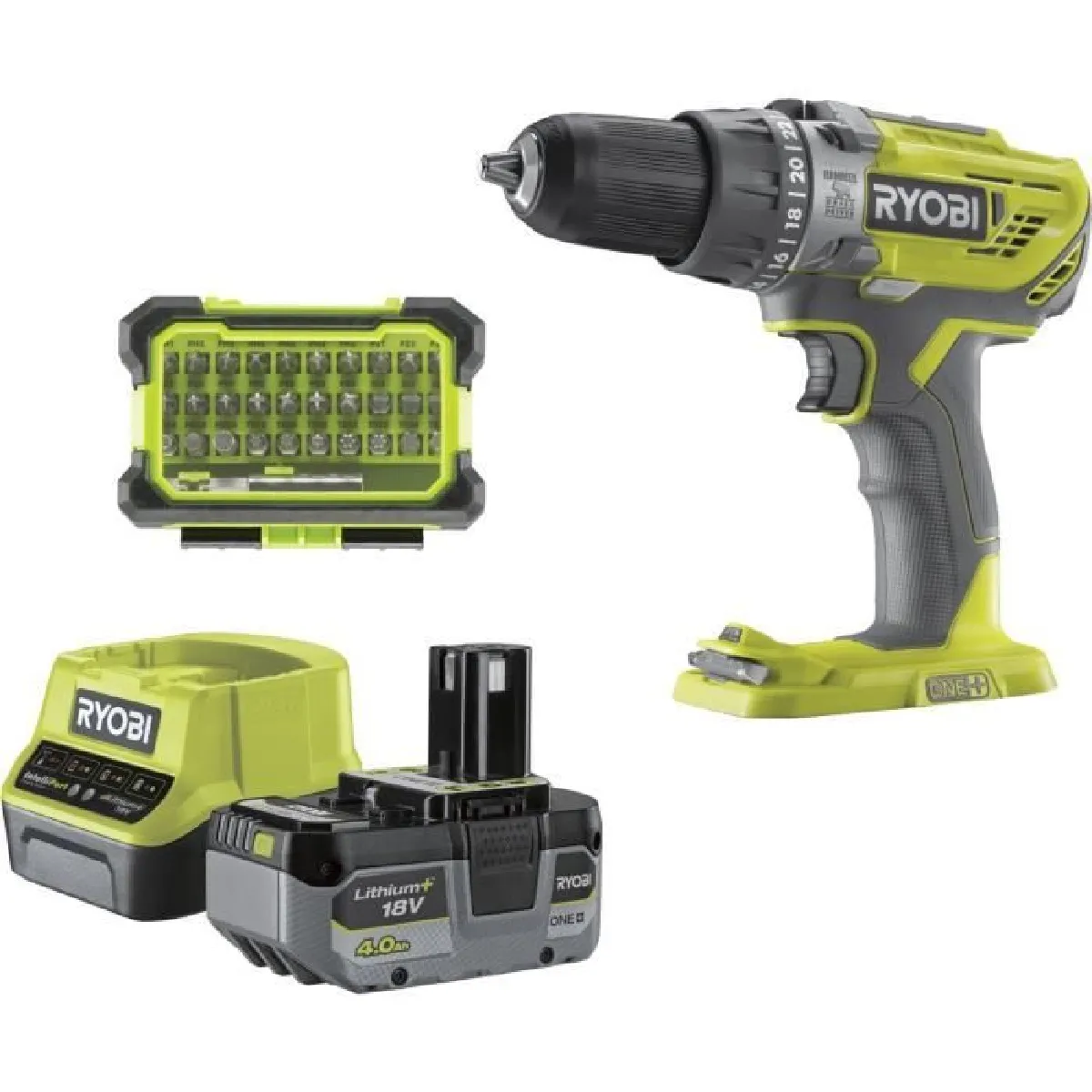 RYOBI Perceuse visseuse à percussion sans fil 18V 50 Nm 500 1800 trmin 1 batterie lithium+ 4 0 Ah chargeur 2 Livrée en sac de transport R18PD3