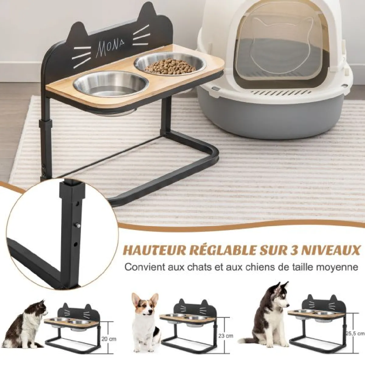 Comparer les prix de Gamelle chat chien surélevée hauteur réglable bols double en inox marqueur porte-gamelles pour chiots cadre en métal 20_0006883