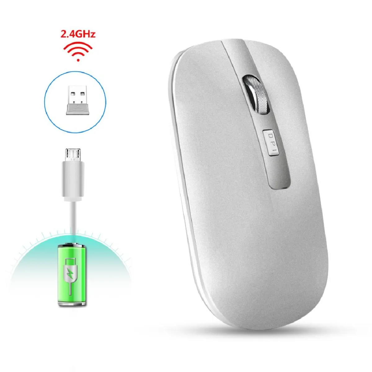 Yonis Argent Souris Sans Fil 2,4 Ghz