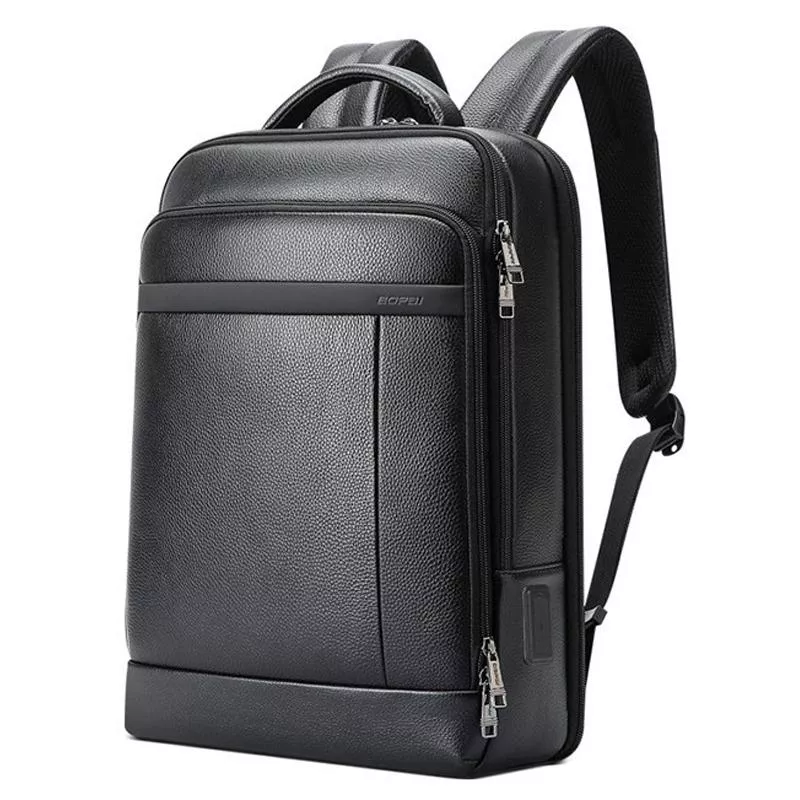 Yonis Noir Sac À Dos Pour Ordinateur En Cuir Véritable Avec Usb-C