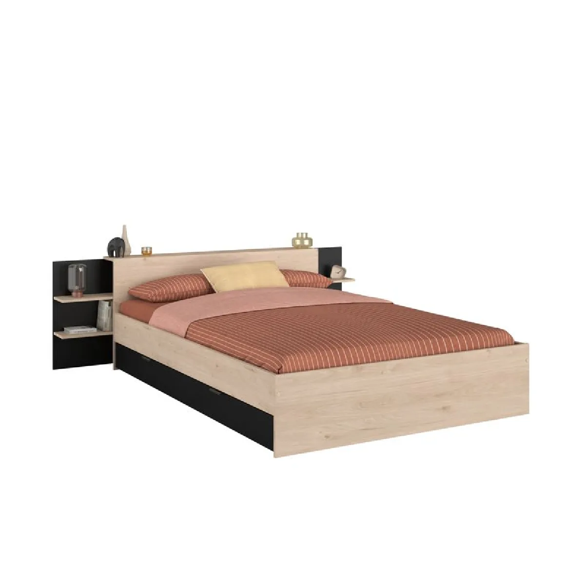 Lit Avec Rangements Swivel 140x190 Cm – Fabrication Française – Style Industriel Noir Et Bois Clair – Avec 2 Coffres Pivotants