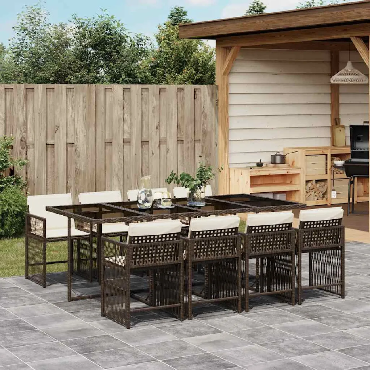 Non Communiqué Marron Vidaxl Ensemble À Manger De Jardin Et Coussins 9 Pcs Poly Rotin 3211641 - Image 2