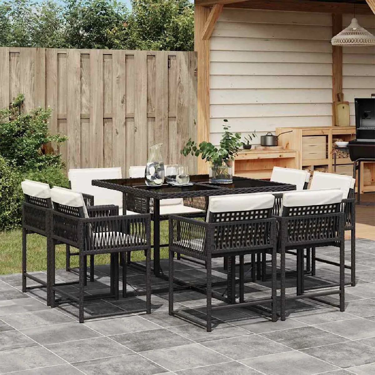 Vidaxl Noir Ensemble À Manger De Jardin 9Pcs - Coussins