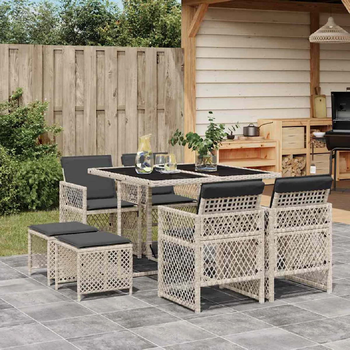 Non Communiqué Gris Vidaxl Ensemble À Manger De Jardin Et Coussins 9 Pcs Clair Rotin, Ensemble À Manger D'extérieur, Meuble À Manger De 3210779 - Image 3