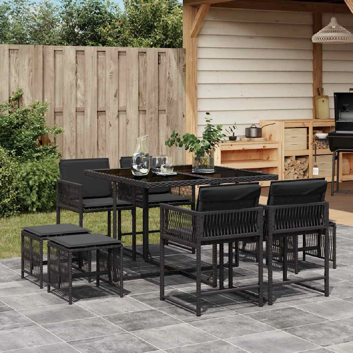 Vidaxl Noir Ensemble À Manger De Jardin 9 Pièces