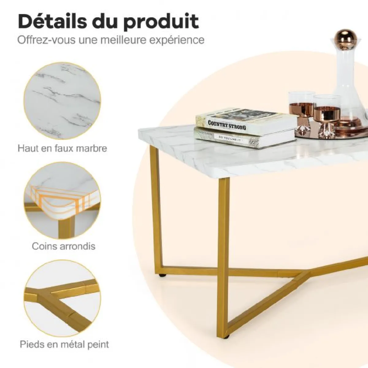 Comparer les prix de helloshop26 Table basse marbre - 107x60x45,5 cm
