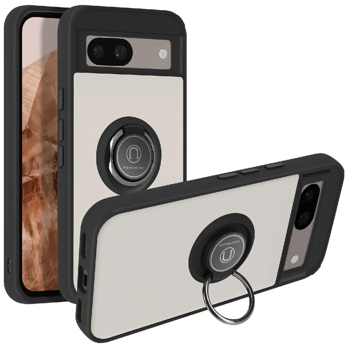 Avizar Noir Coque Pour Google Pixel 8A Bague Métallique Support Vidéo