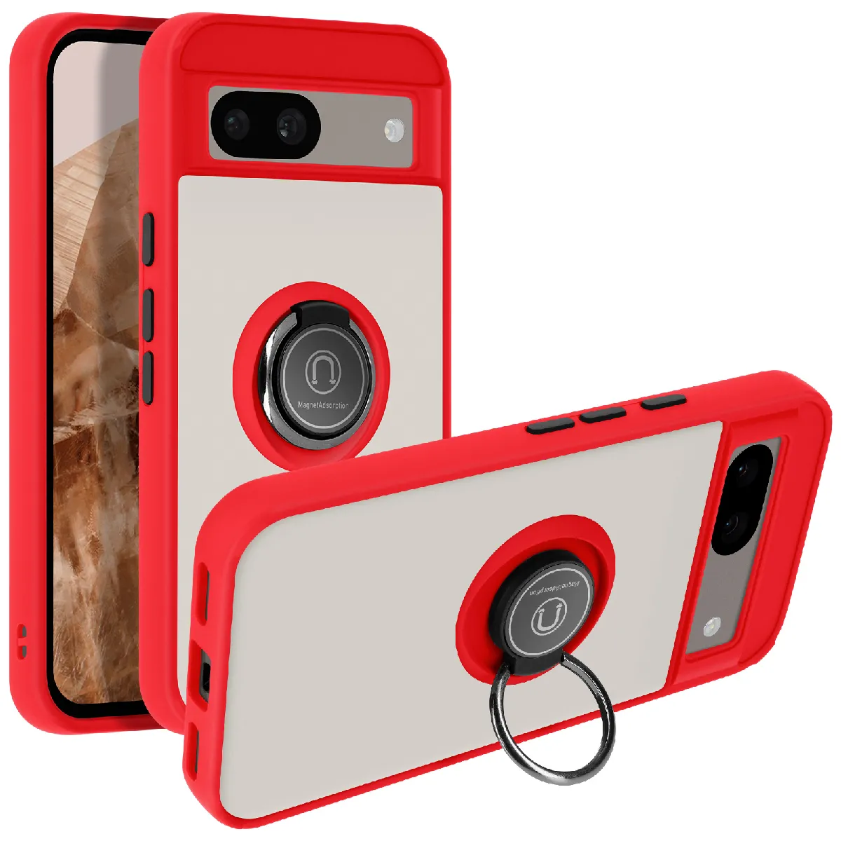 Avizar Rouge Coque Pour Google Pixel 8A Bague Métallique Support Vidéo