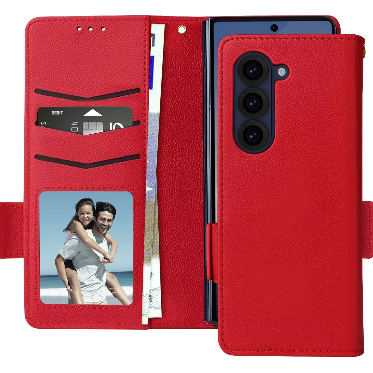 Avizar Rouge Étui Pour Galaxy Z Fold 6 Portefeuille Languette Magnétique Dragonne
