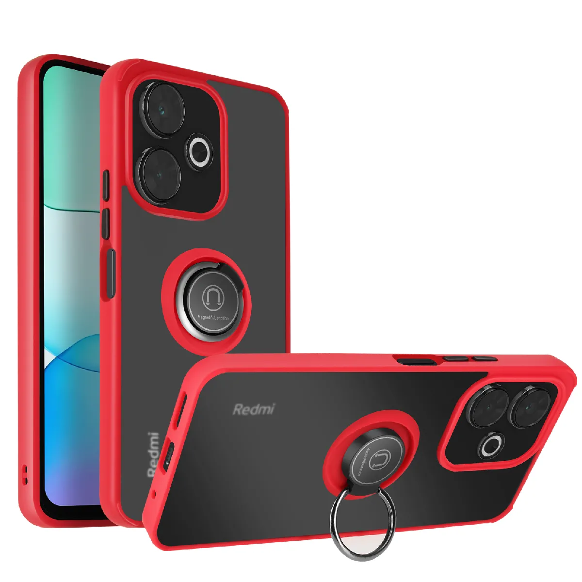 Avizar Rouge Coque Pour Xiaomi Redmi 13 Bague Métallique Support Vidéo