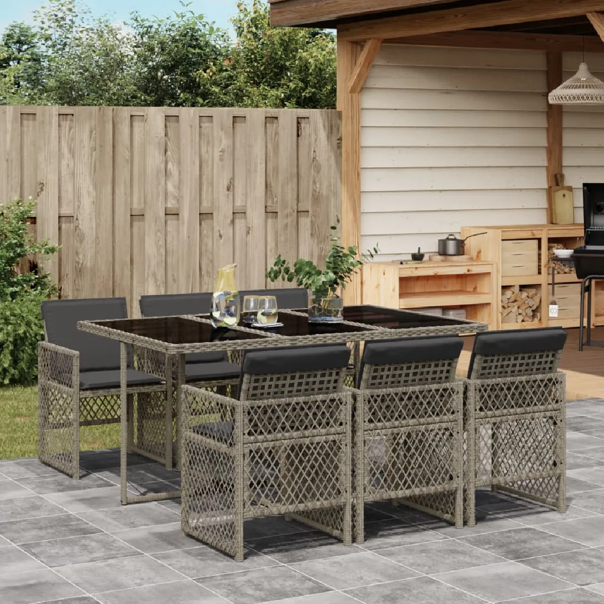VIDAXL Ensemble à manger de jardin Gris 7 pcs Rotin
