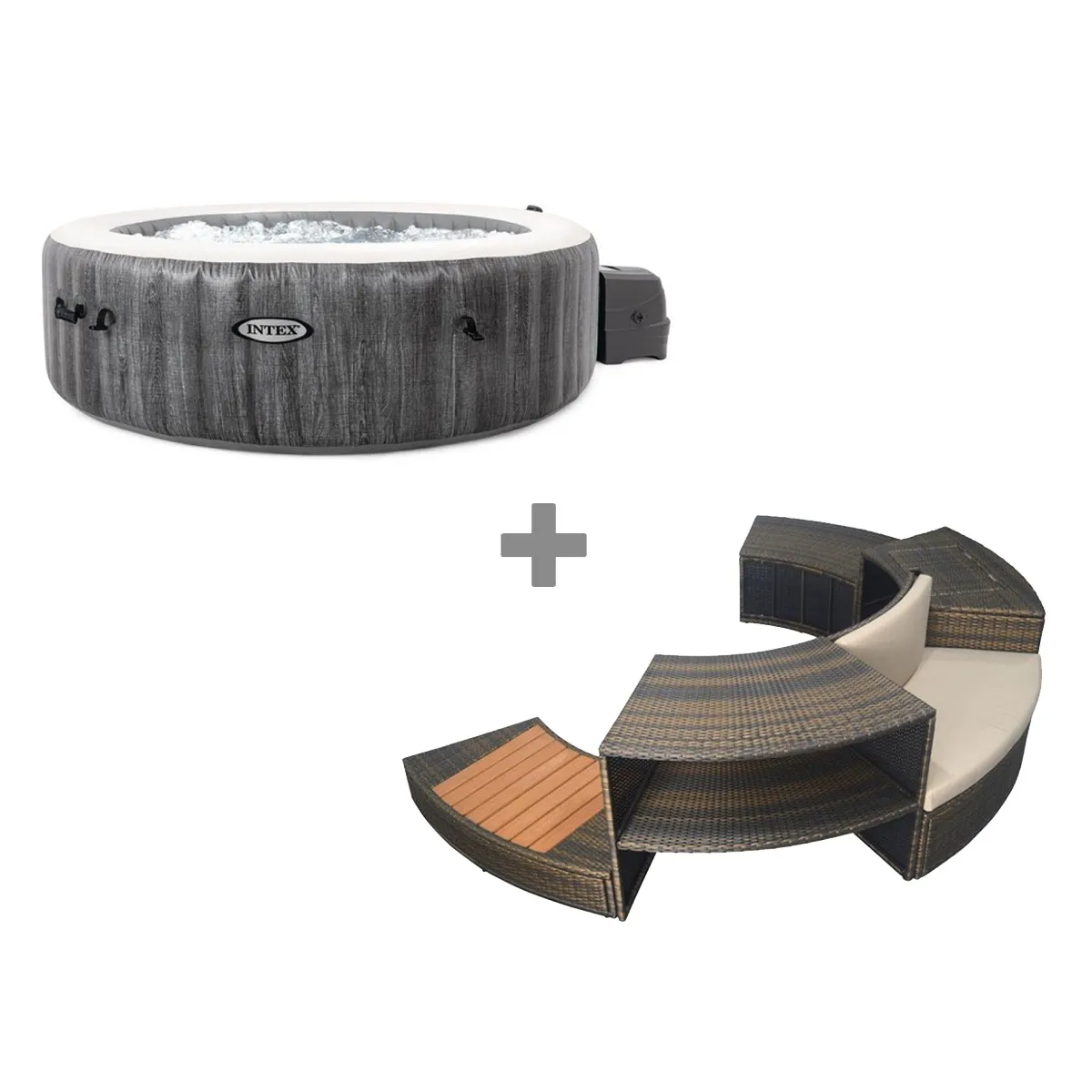 Intex Pack spa gonflable PureSpa Baltik rond Bulles 4 places + Ensemble mobilier