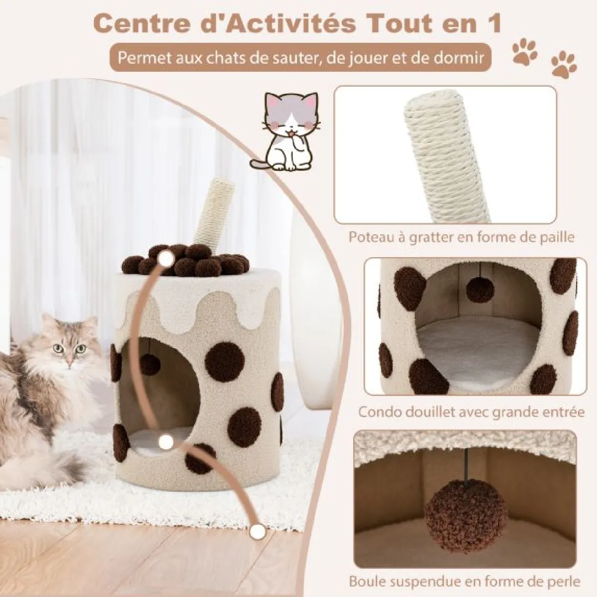 Comparer les prix de Tour d'arbre à chat bubble tea condo griffoir en sisal jouet boule pendante pour chats d'intérieur centre d'activité mignon pour chat café 20_0006607