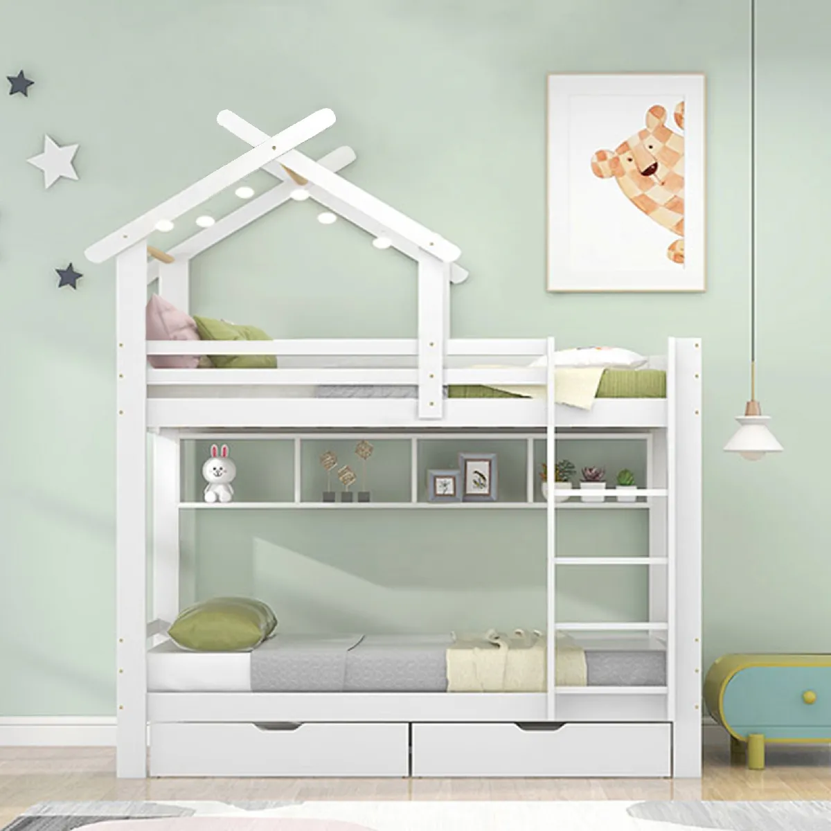 Lit superposé pour enfants avec échelle à angle droit, protection contre les chutes et garde-corps, tiroirs et étagères, blanc, 90x200 cm