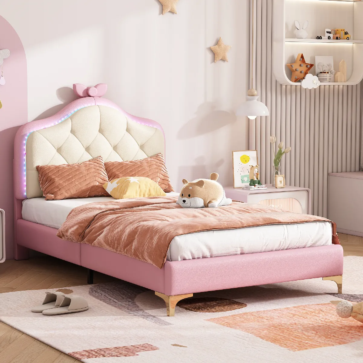 Lit Enfant Simple Avec LED Et Tiroir - 90x190 Cm - Velours Rose - Appli Contrôle, Tête Réglable - Lit Cabane Rangement