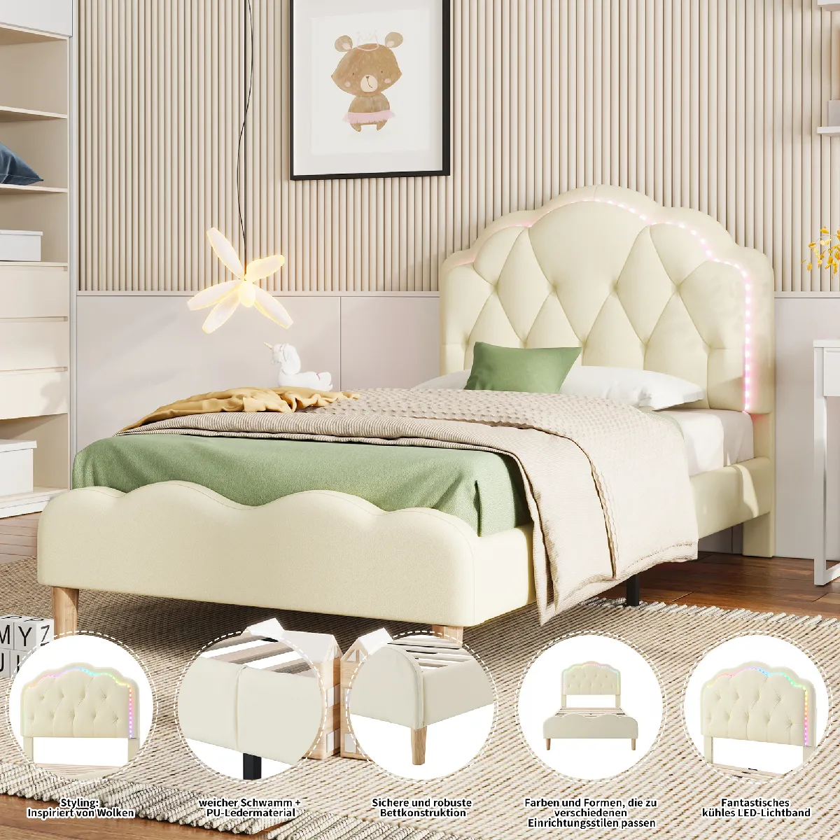 Lit Enfant Rembourré Princesse Rose 90x200cm Avec Tête De Lit - Cadre Plateforme Sans Matelas