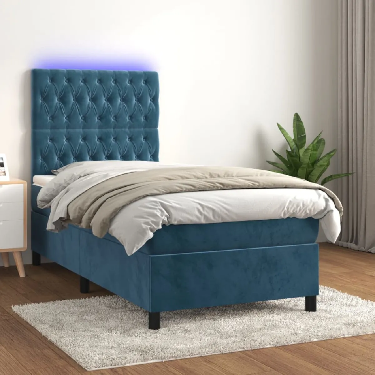 VIDAXL Sommier tapissier avec matelas et LED - Bleu foncé 90x200 cm