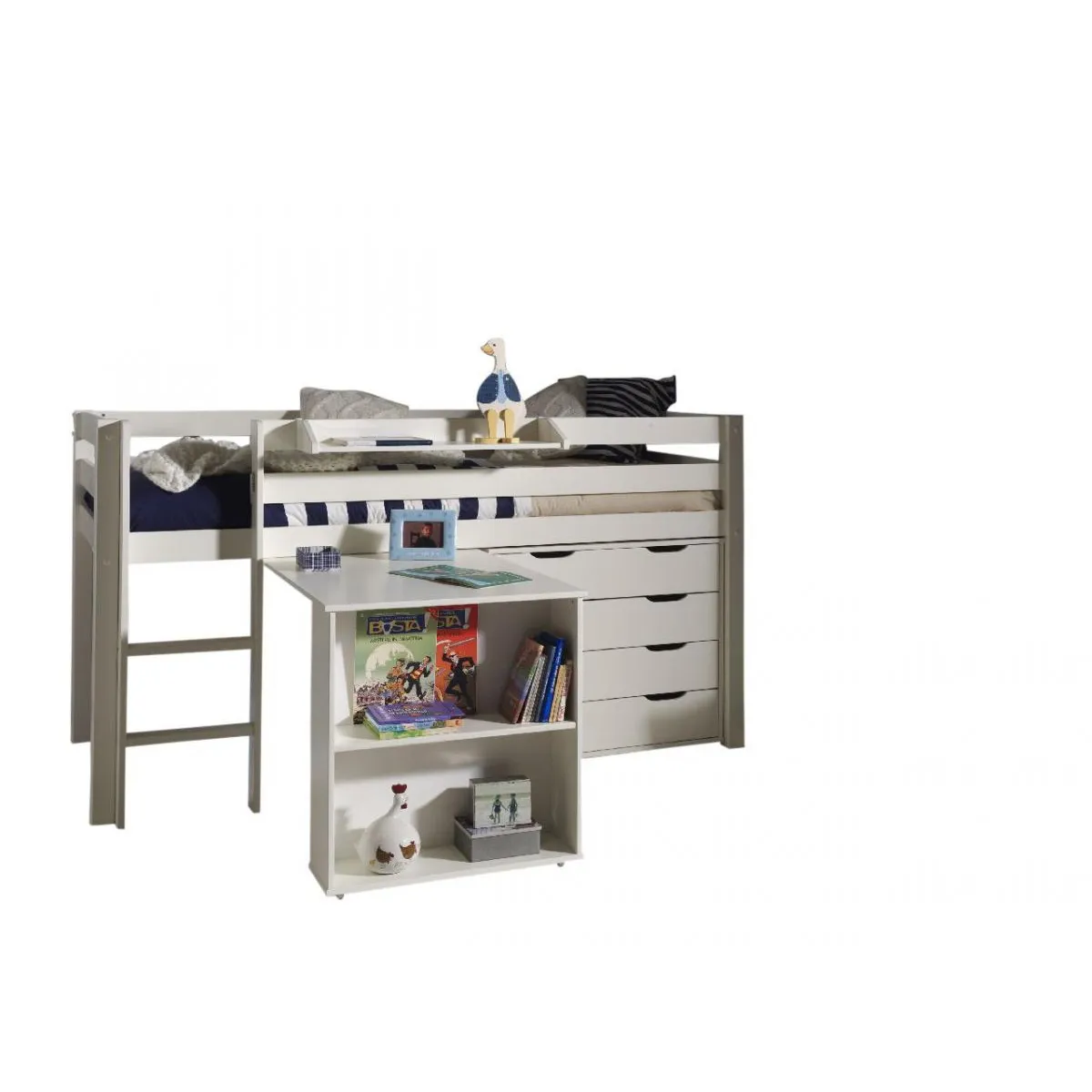MES Lit surélevé avec bureau et commode - Blanc - PINO
