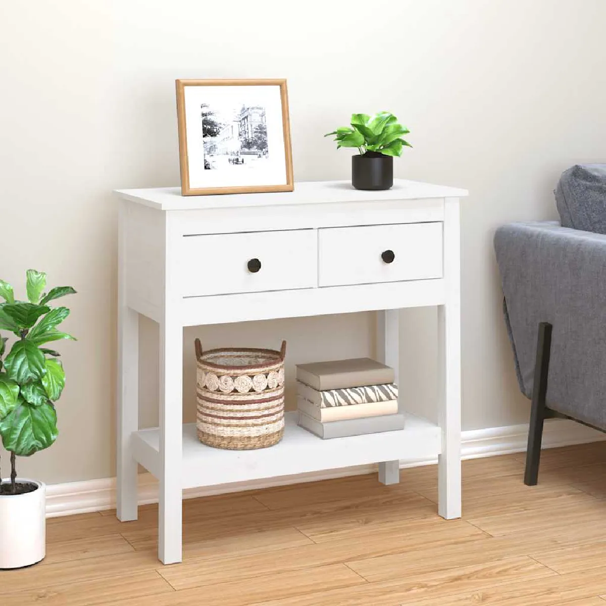 Non Communiqué Blanc Table Console 75X35x75 Cm Bois Massif De Pin - Image 3