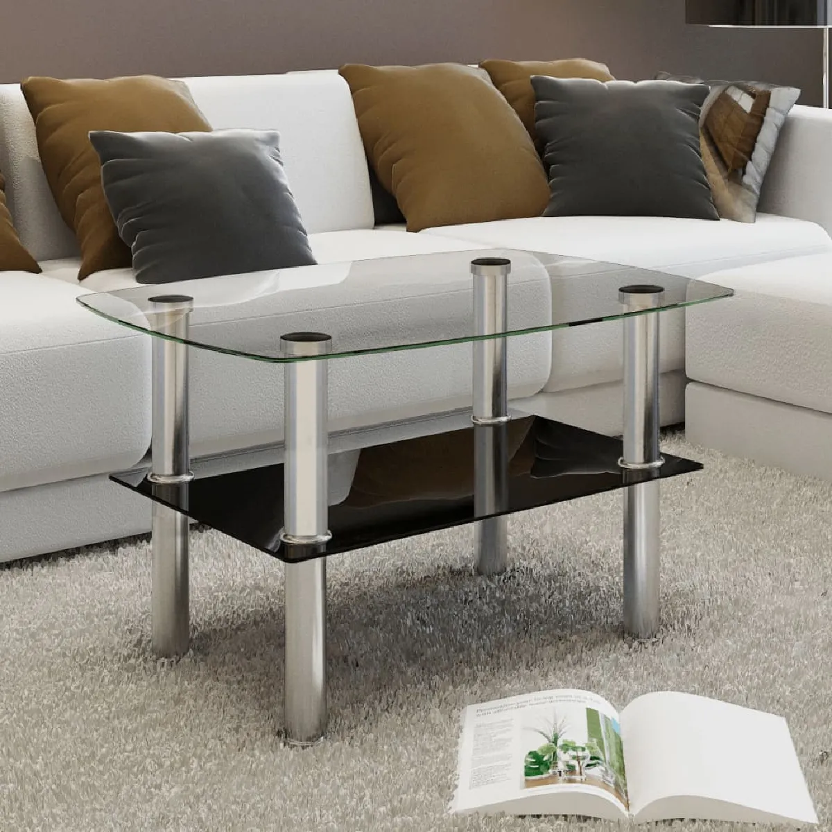 Vidaxl Argent Table Basse 2 Étagères Verre Canapé Table De Salon Table D'appoint - Image 3