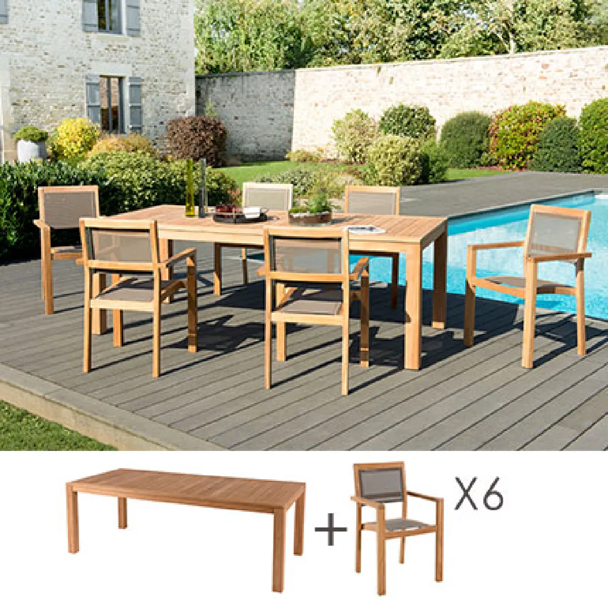 MES MACABANE Ensemble Table VIESTE en Teck + 6 Fauteuils empilables Taupe en textil&egrave;ne