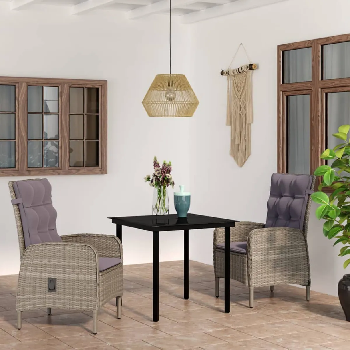 Vidaxl Gris/Noir Mobilier À Dîner D'extérieur 3 Pcs - Résine Tressée