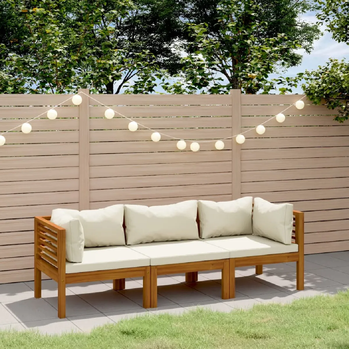 vidaXL Canapé de jardin 3 places et coussin crème Bois d'acacia massif - vue 2