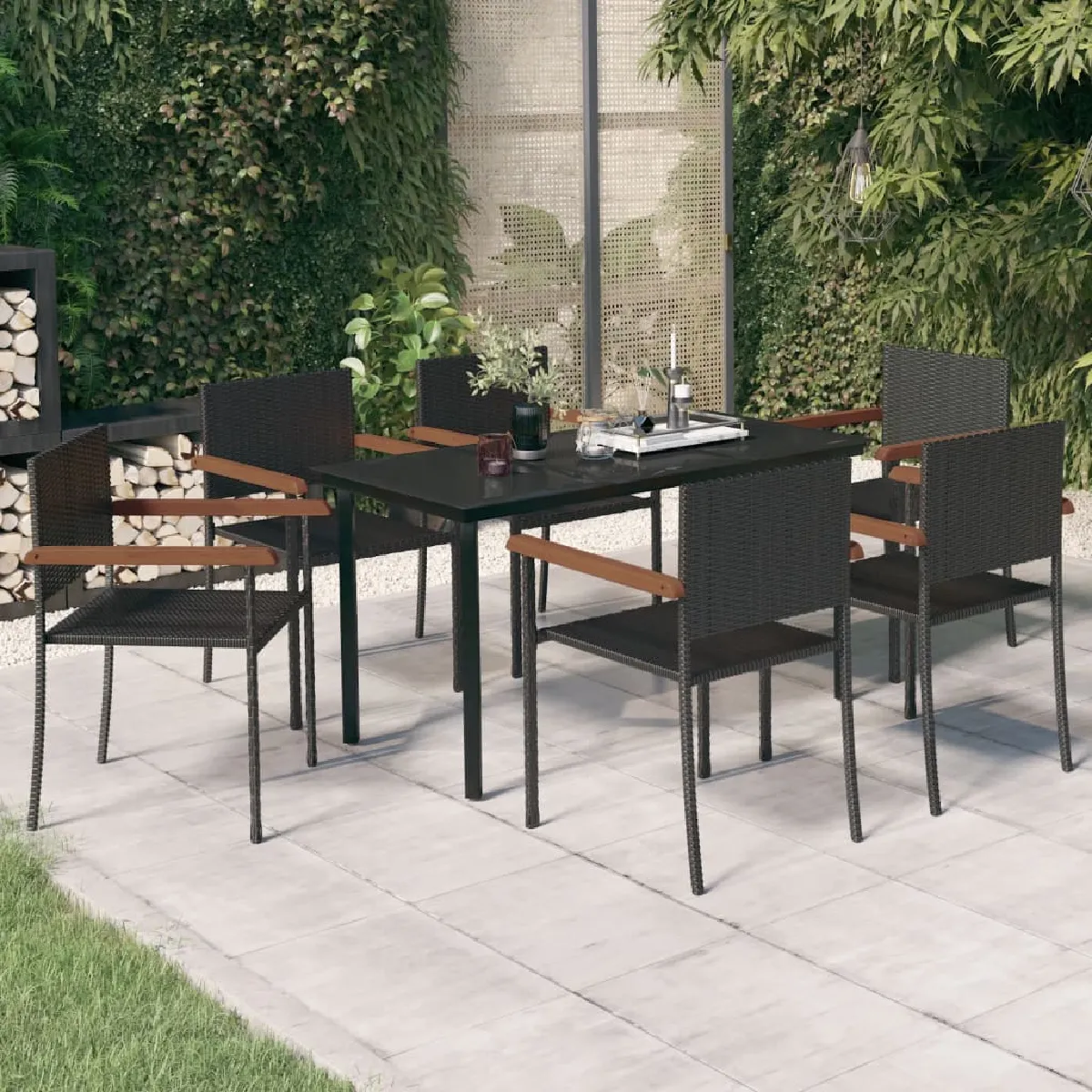 vidaXL Ensemble à manger de jardin 7 pcs - Résine tressée - Noir