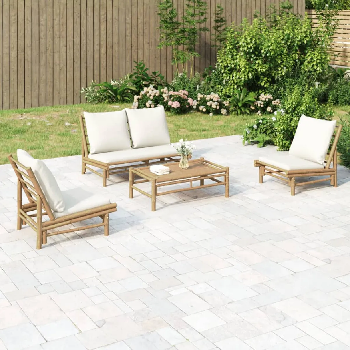 Non Communiqué Blanc Salon De Jardin Modulable Vidaxl Bambou Beige 4 Pieces 3 Personnes - Image 3