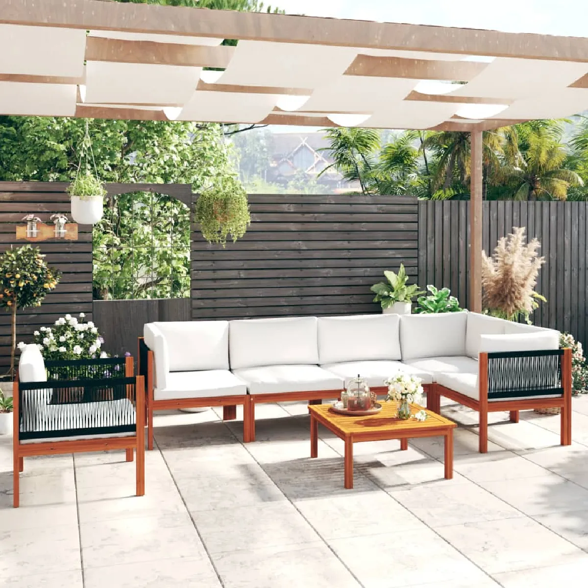 Salon de jardin 7 pcs avec coussins crème bois d'acacia vidaXL - vue 3