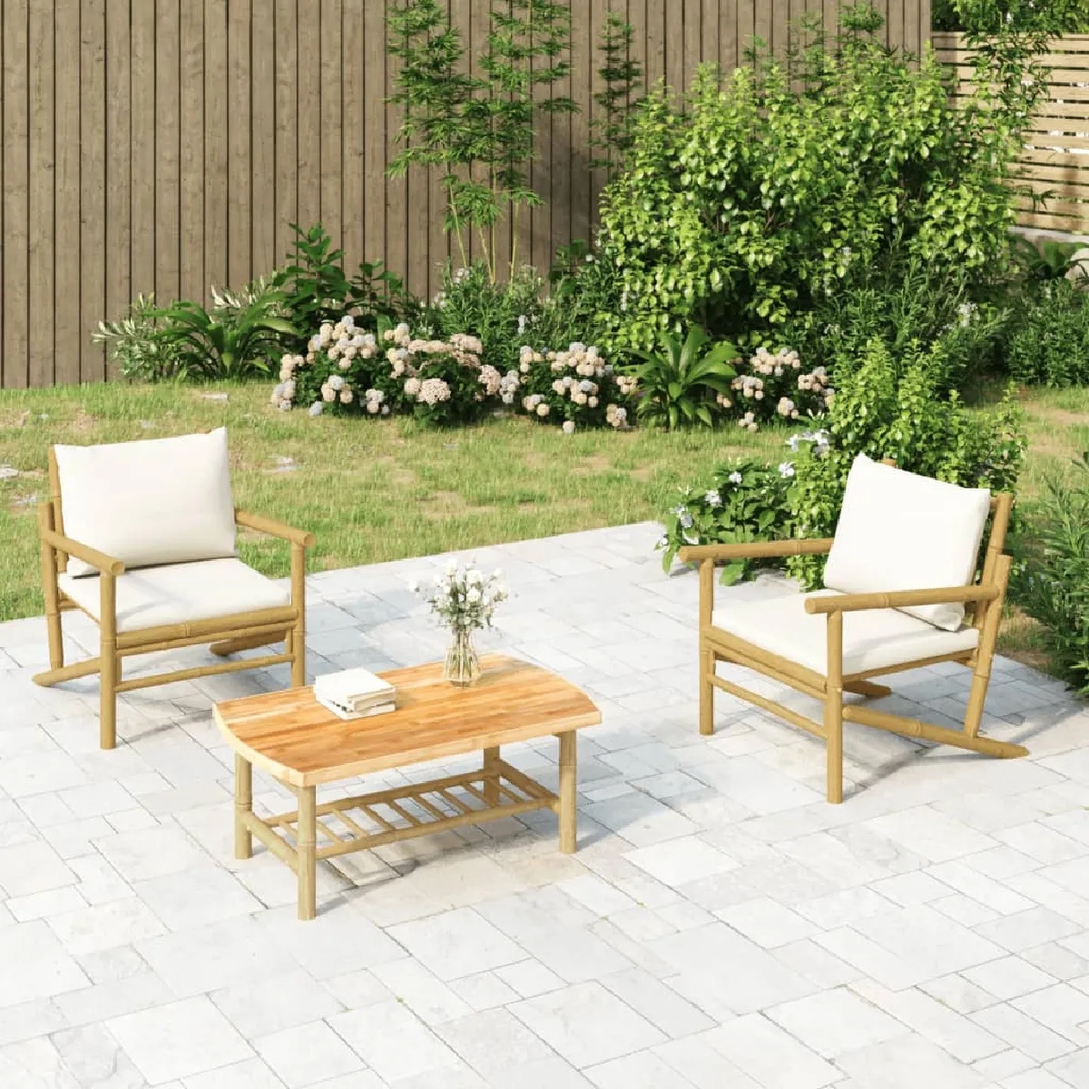 vidaXL Salon de jardin 3 pcs avec coussins Bambou