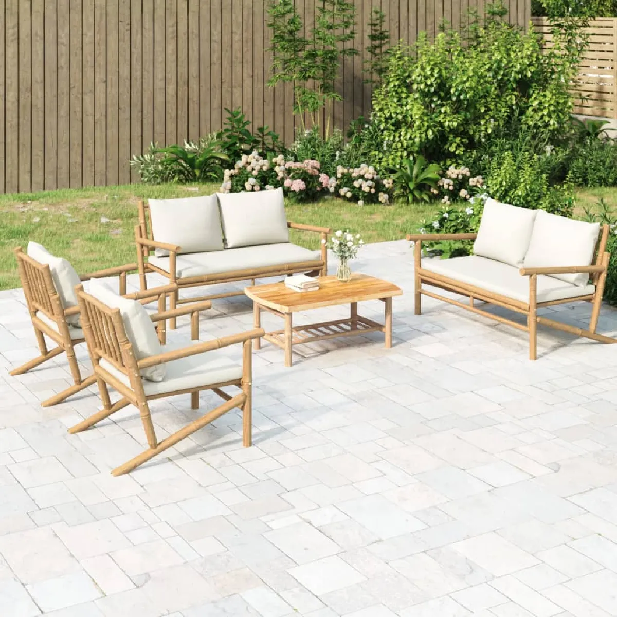 vidaXL Salon de jardin 5 pcs - Coussins blanc crème bambou