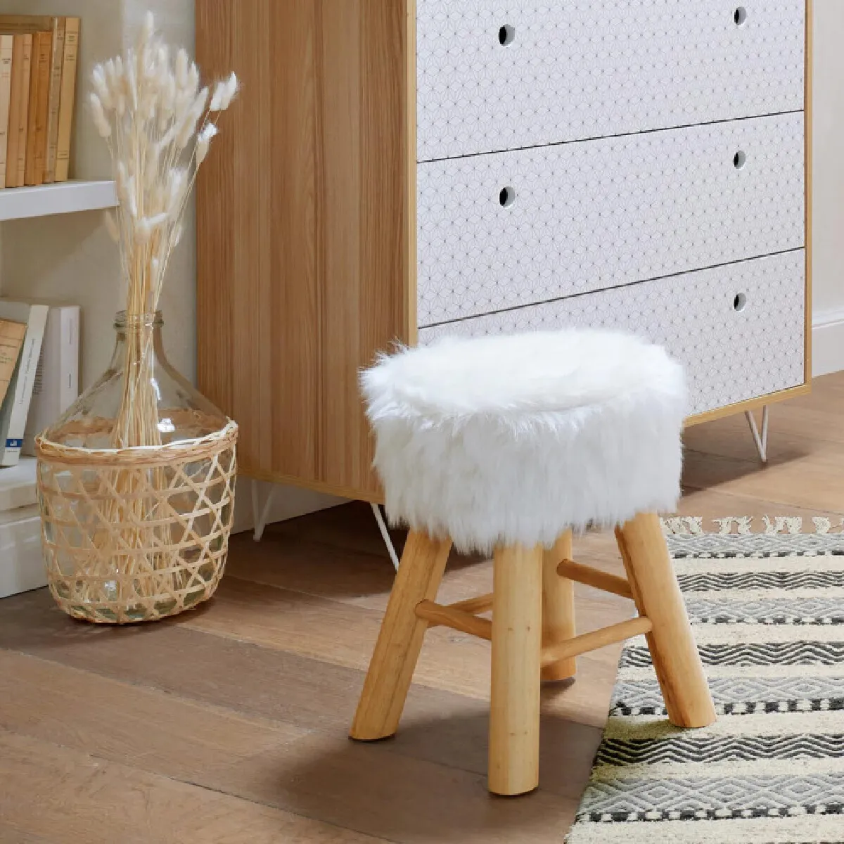 Pouf Nesky XL Atmosphera - Blanc, Bouclette Douce, 81x81x41.5 Cm, Charge Max 110 Kg