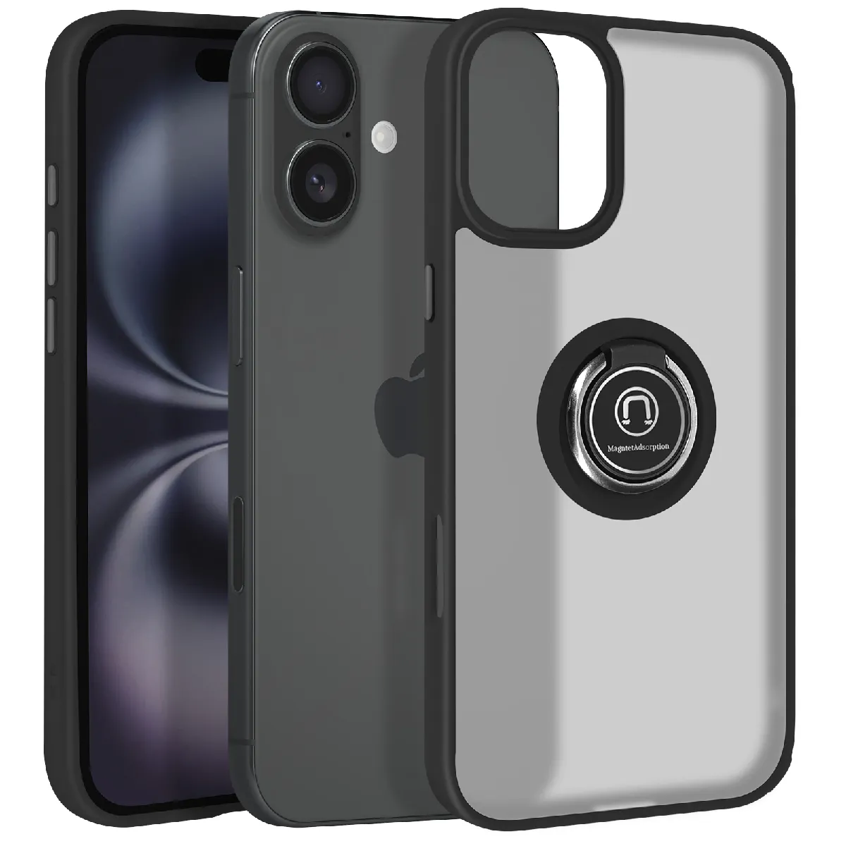 Avizar Noir Coque Pour Iphone 16 Bague Métallique Support Vidéo