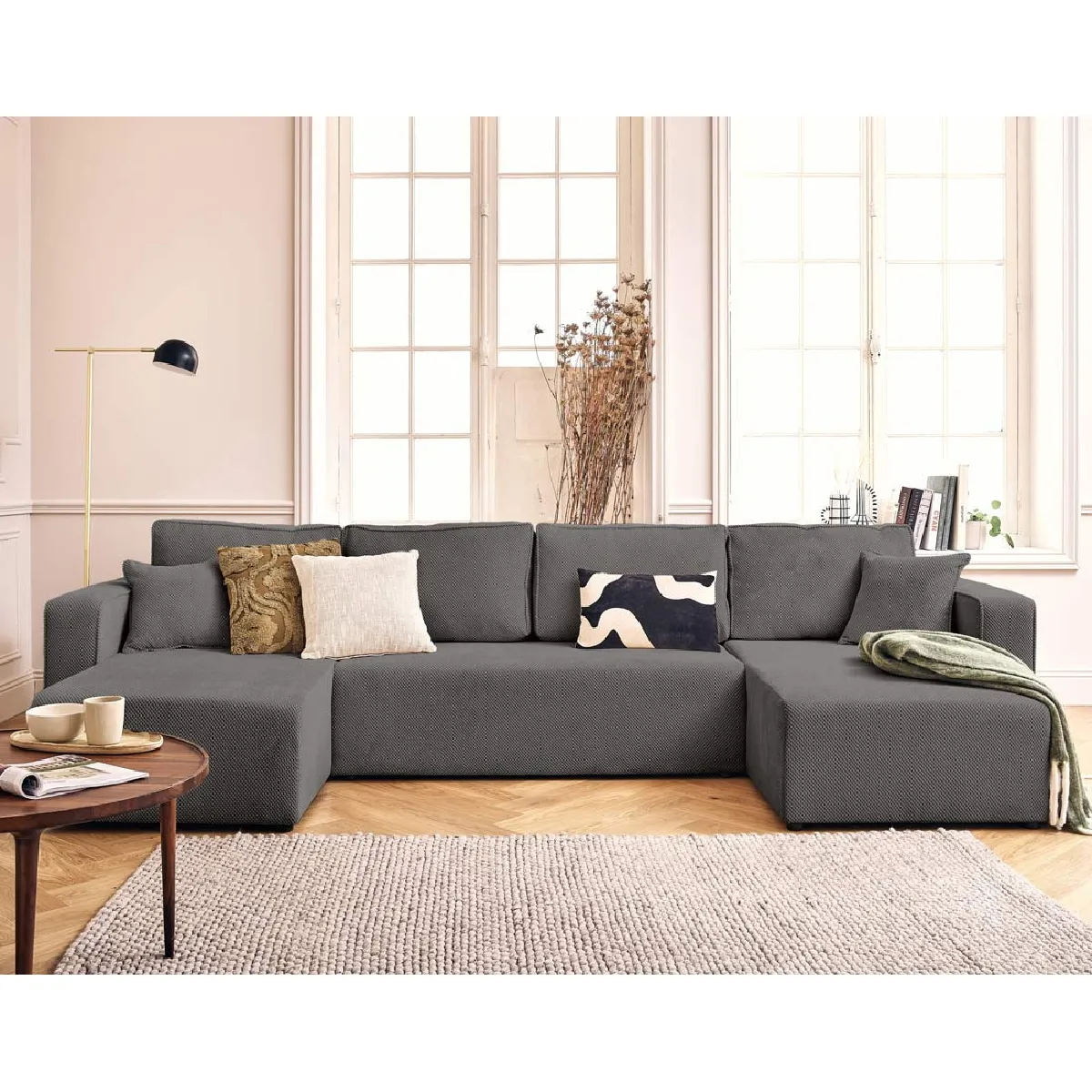 Bestmobilier Gris Canapé Panoramique Convertible - Foncé