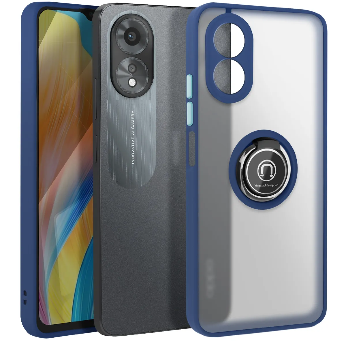 Avizar Bleu Coque Pour Oppo A38 Bague Métallique Support Vidéo Nuit