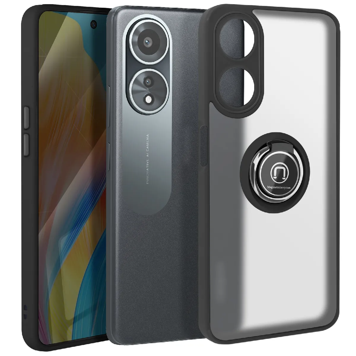 Avizar Noir Coque Pour Oppo A58 Bague Métallique Support Vidéo