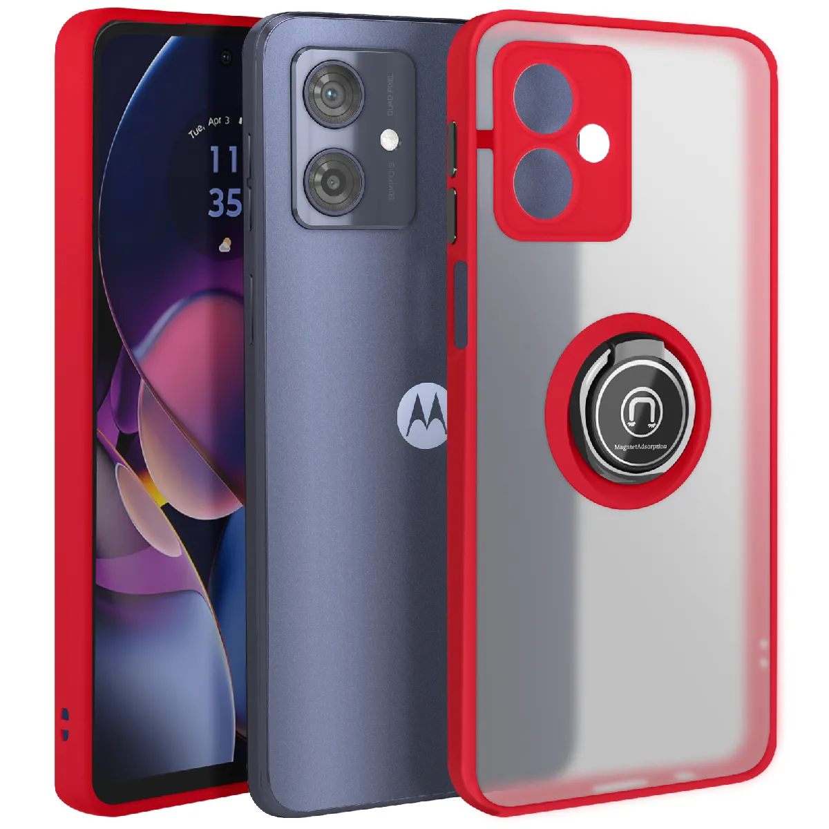 Avizar Rouge Coque Pour Motorola Moto G54 Bague Métallique Support Vidéo