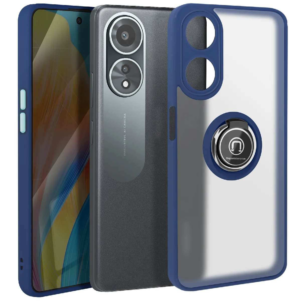 Avizar Bleu Coque Pour Oppo A58 Bague Métallique Support Vidéo Nuit