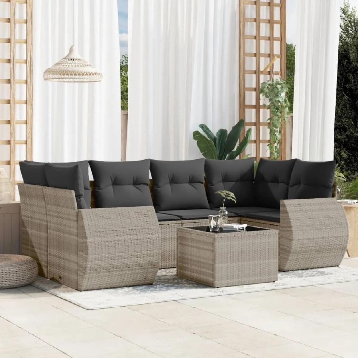Non Communiqué Gris Vidaxl Salon De Jardin Avec Coussins 7 Pcs, Canapés De Terrasse, Ensemble De Meubles De Patio, Mobilier D'extérieur, 3221121 - Image 3