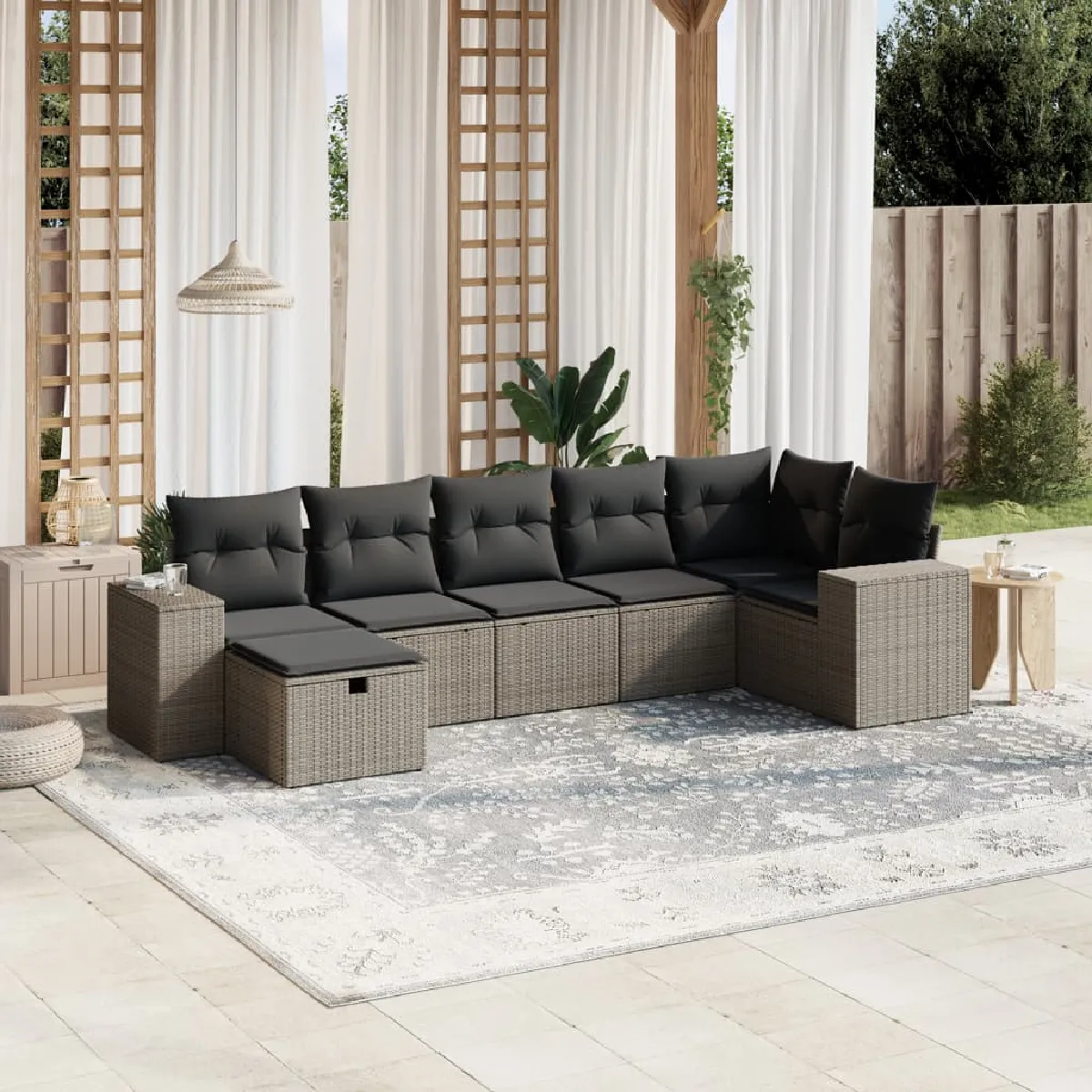 vidaXL Salon de jardin 7 pièces - Gris clair