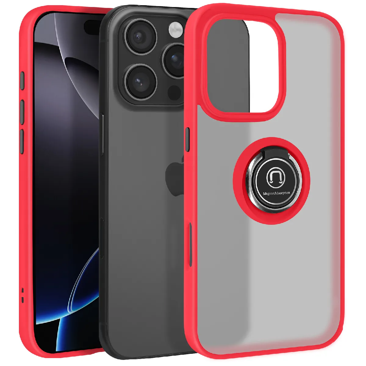 Avizar Rouge Coque Pour Iphone 16 Pro Bague Métallique Support Vidéo