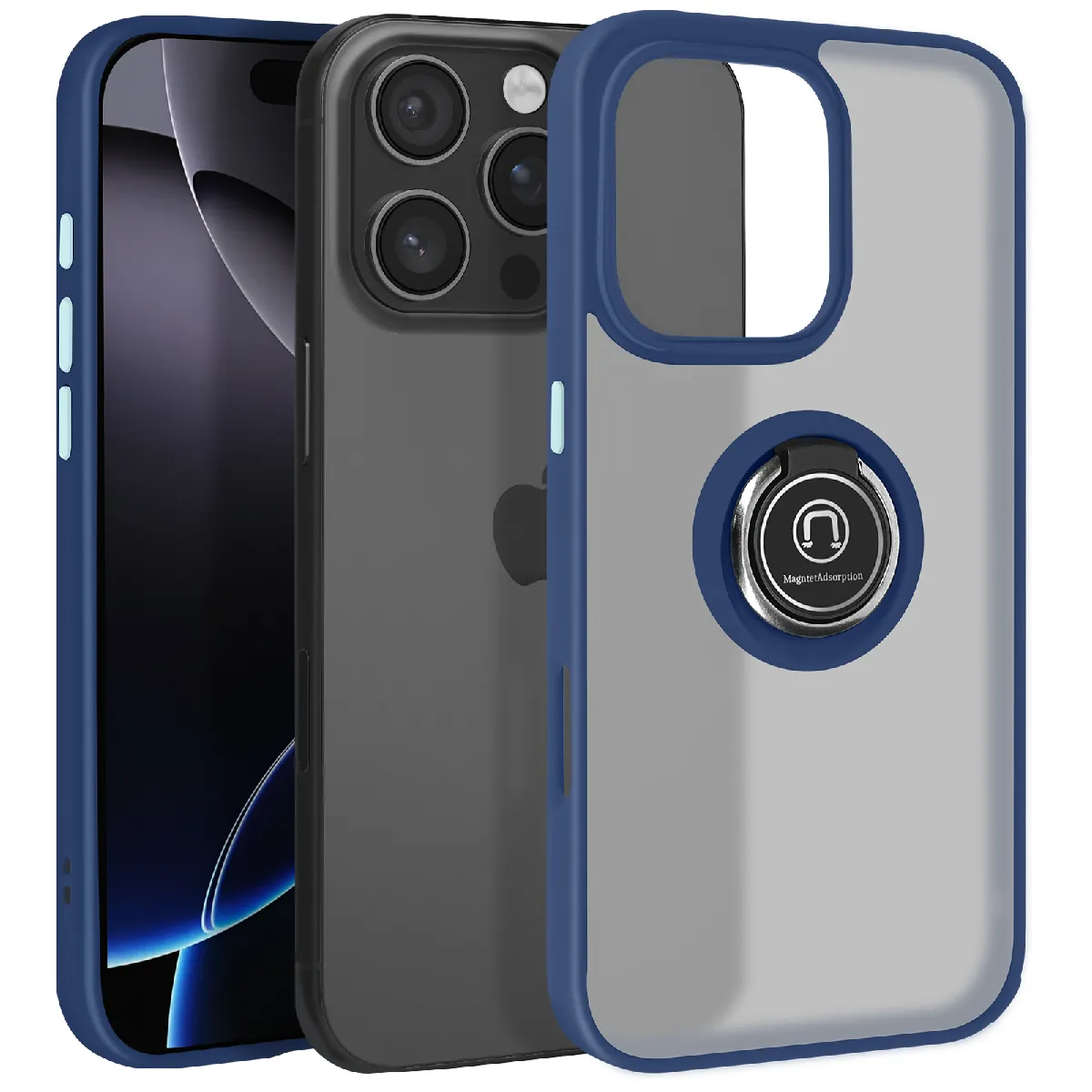 Avizar Bleu Coque Pour Iphone 16 Pro Bague Métallique Support Vidéo Nuit