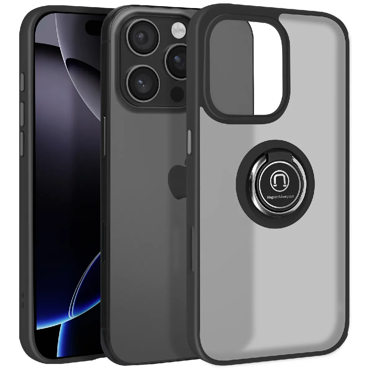 Avizar Noir Coque Pour Iphone 16 Pro Max Bague Métallique Support Vidéo