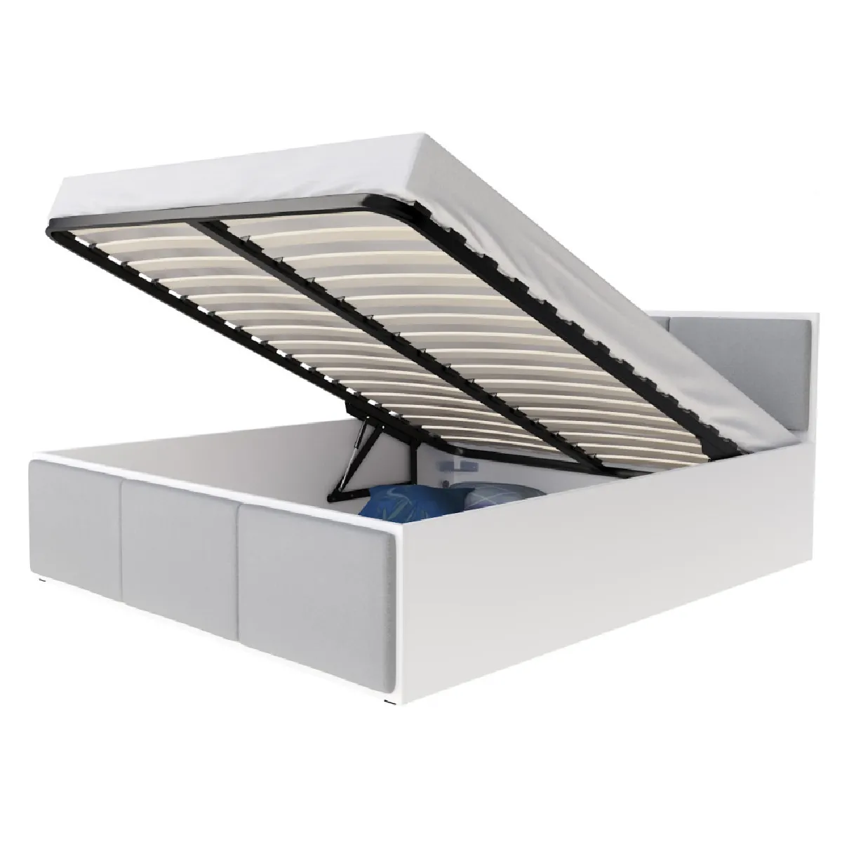 Lit coffre 120 x 200 cm Panama T - Coffre de 670 L - Sommier inclus - Blanc - Gris clair